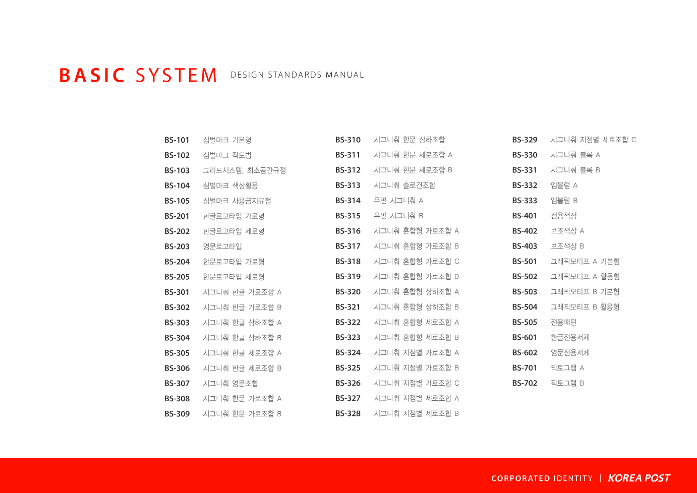 BASIC SYSTEM BS-101 BS-102 BS-103 BS-104 BS-105 BS-201 BS-202 BS-203 BS-204 BS-205 BS-301 BS-302 BS-303 BS-304 BS-305 BS-306 BS-307 BS-308 BS-309  DESIGN STANDARDS MANUAL  심벌마크 기본형 심벌마크 작도법 그리드시스템, 최소공간규정 심벌마크 색상활용 심벌마크 사용금지규정 한글로고타입 가로형 한글로고타입 세로형 영문로고타입 한문로고타입 가로형 한문로고타입 세로형 시그니춰 한글 가로조합 A 시그니춰 한글 가로조합 B 시그니춰 한글 상하조합 A 시그니춰 한글 상하조합 B 시그니춰 한글 세로조합 A 시그니춰 한글 세로조합 B 시그니춰 영문조합 시그니춰 한문 가로조합 A 시그니춰 한문 가로조합 B  BS-310 BS-311 BS-312 BS-313 BS-314 BS-315 BS-316 BS-317 BS-318 BS-319 BS-320 BS-321 BS-322 BS-323 BS-324 BS-325 BS-326 BS-327 BS-328  시그니춰 한문 상하조합 시그니춰 한문 세로조합 A 시그니춰 한문 세로조합 B 시그니춰 슬로건조합 우편 시그니춰 A 우편 시그니춰 B 시그니춰 혼합형 가로조합 A 시그니춰 혼합형 가로조합 B 시그니춰 혼합형 가로조합 C 시그니춰 혼합형 가로조합 D 시그니춰 혼합형 상하조합 A 시그니춰 혼합형 상하조합 B 시그니춰 혼합형 세로조합 A 시그니춰 혼합형 세로조합 B 시그니춰 지점별 가로조합 A 시그니춰 지점별 가로조합 B 시그니춰 지점별 가로조합 C 시그니춰 지점별 세로조합 A 시그니춰 지점별 세로조합 B  BS-329 BS-330 BS-331 BS-332 BS-333 BS-401 BS-402 BS-403 BS-501 BS-502 BS-503 BS-504 BS-505 BS-601 BS-602 BS-701 BS-702  시그니춰 지점별 세로조합 C 시그니춰 블록 A 시그니춰 블록 B 엠블럼 A 엠블럼 B 전용색상 보조색상 A 보조색상 B 그래픽모티프 A 기본형 그래픽모티프 A 활용형 그래픽모티프 B 기본형 그래픽모티프 B 활용형 전용패턴 한글전용서체 영문전용서체 픽토그램 A 픽토그램 B  CORPORATED IDENTITY