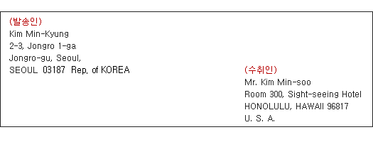 발송인 및 수취인 주소 성명의 기재 (예)